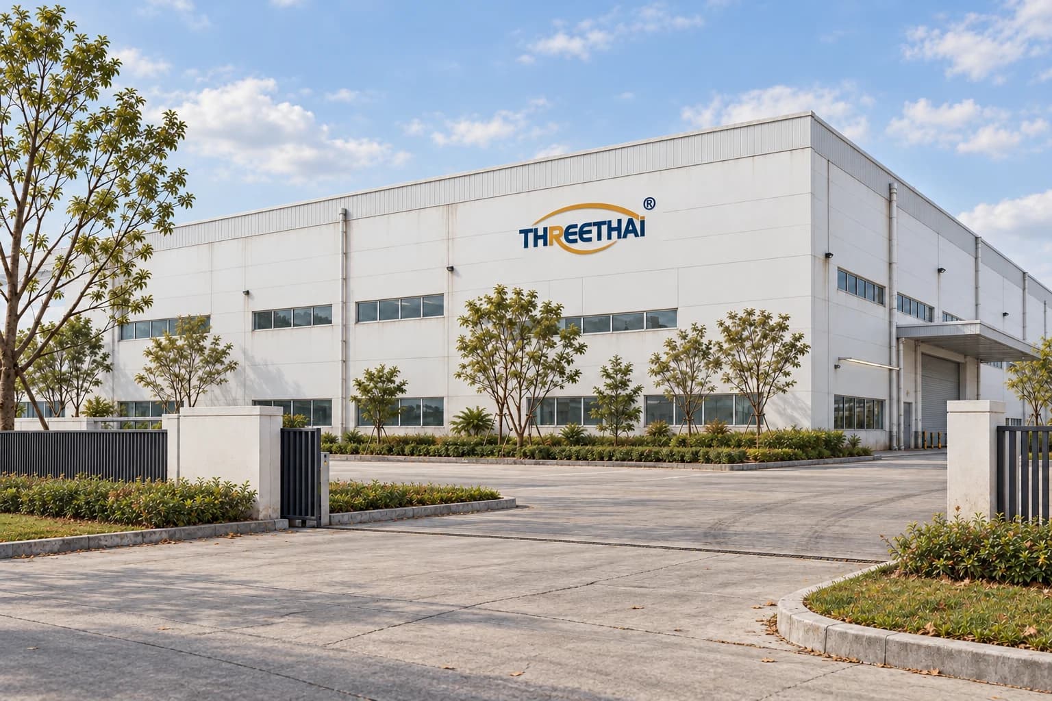 A Three Thai factory exterior, entrance and landscaped grounds with the company logo