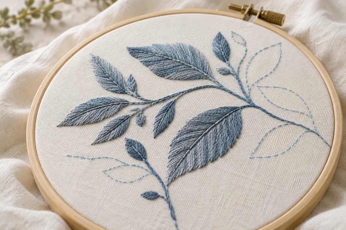 Botanical embroidery on fabric in a wooden hoop