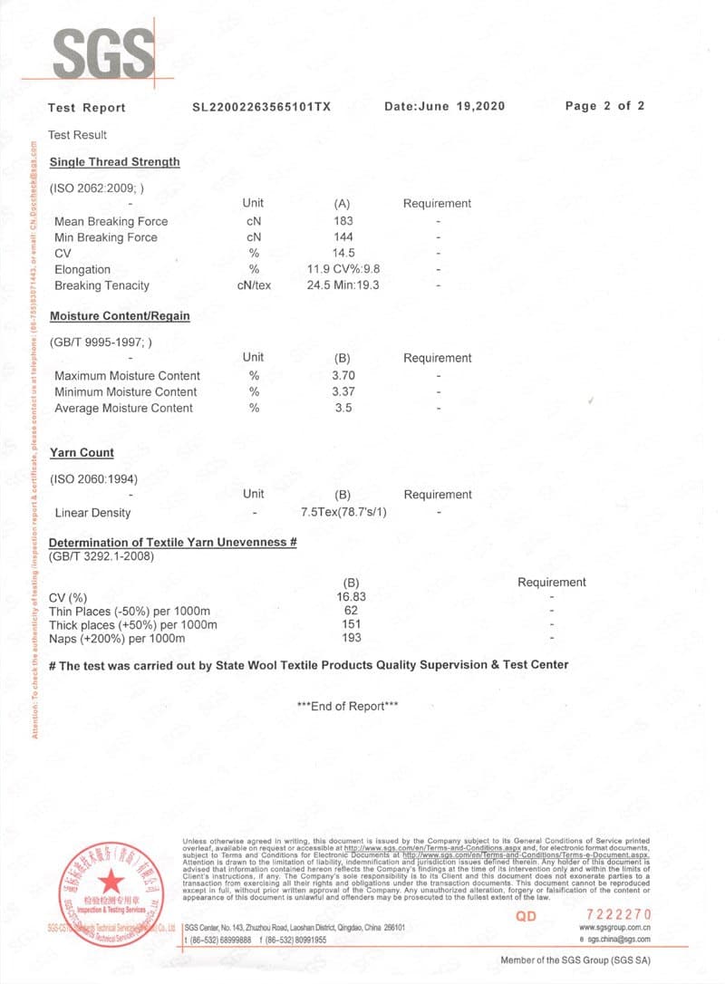 SGS test report (yarn quality, 2020)